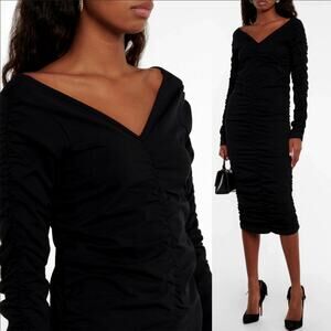 Helmut Lang XS/S Ruched $495 Bodycon Midi Jersey Dress Long Sleeve Black NWT